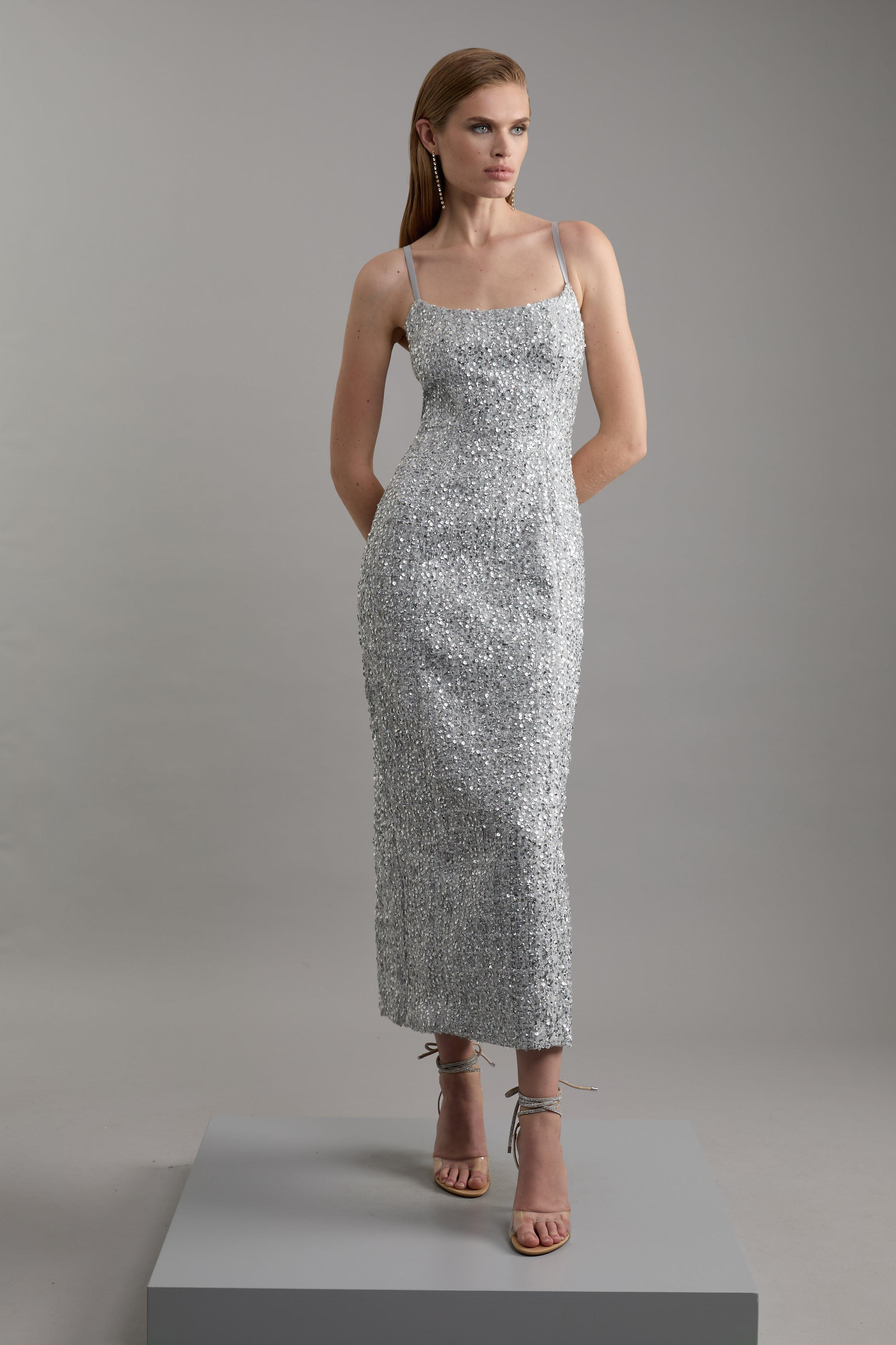 Sequin Metallic Boucle Tailored Midaxi Dress | Karen Millen UK + IE + DE + NL