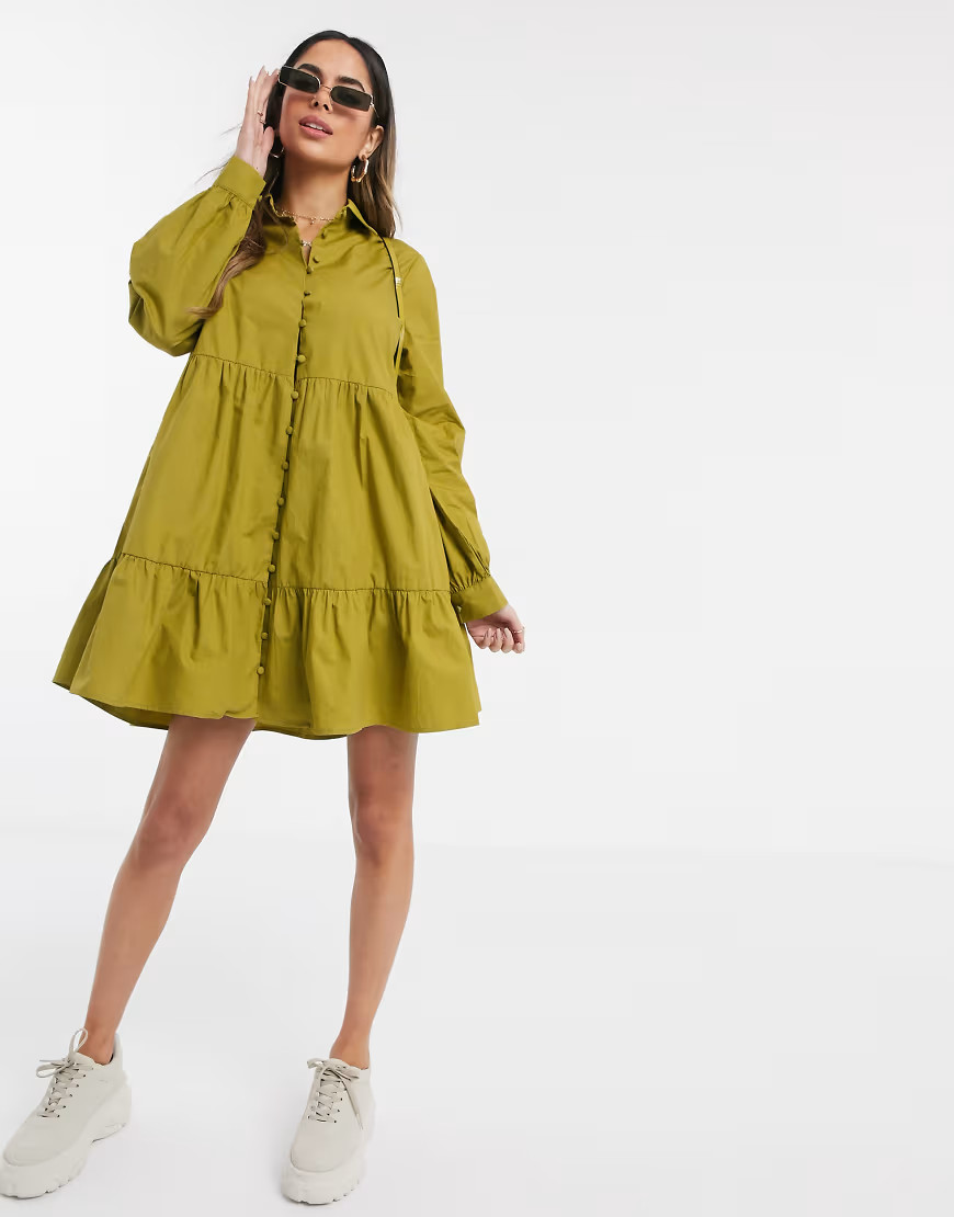 Missguided smock tiered shirt dress in olive-Green | ASOS (Global)