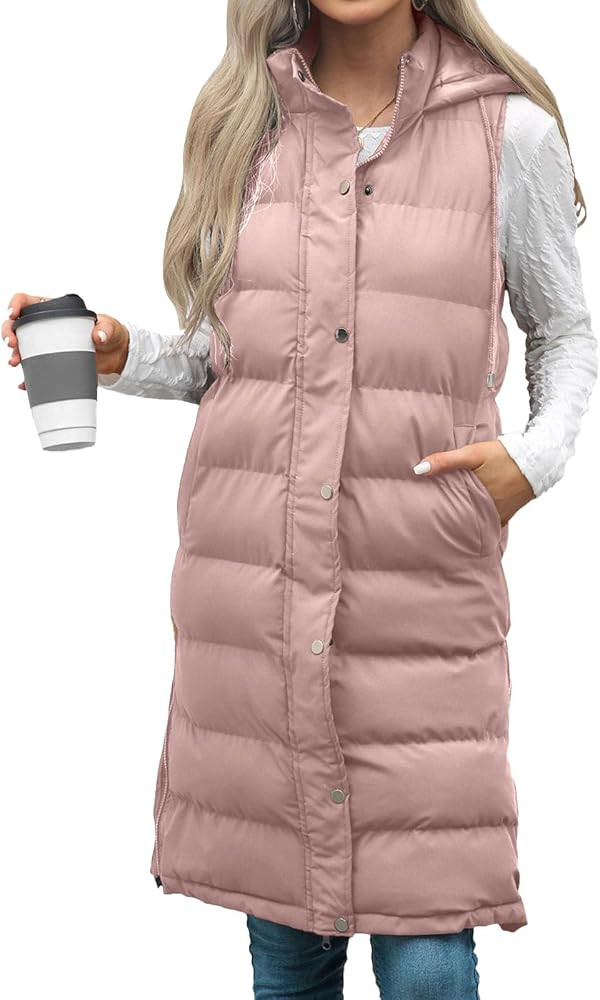 Long Puffer Vest For Women Sleeveless Hooded Jacket Hood Winter Outerwear Coat | Amazon (US)