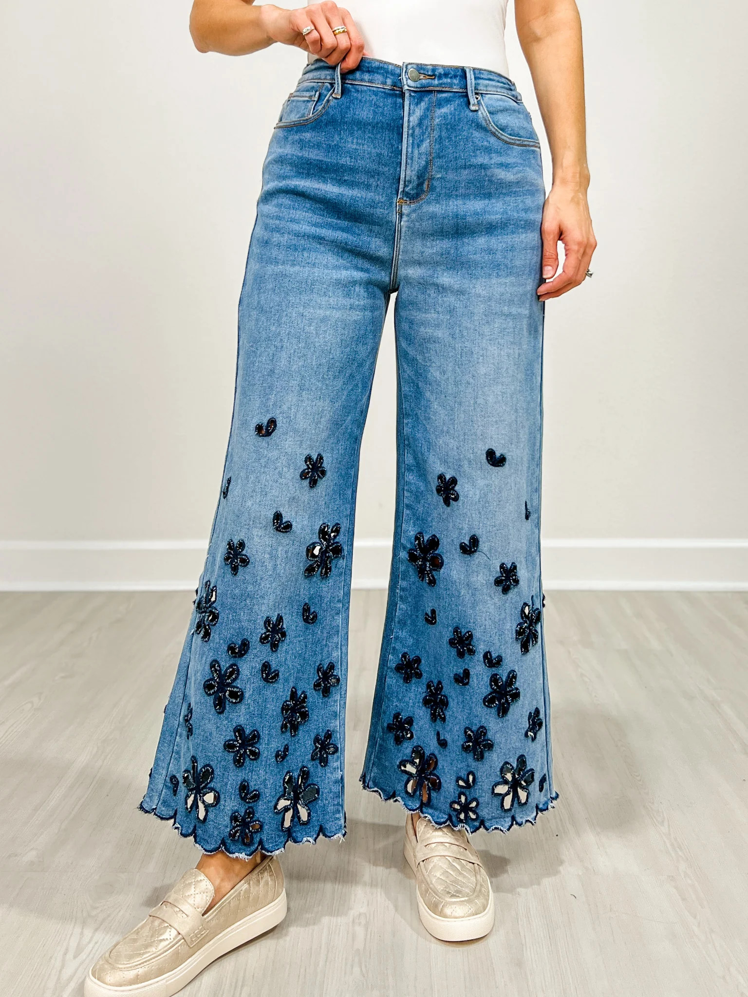 Washed Flower Cutouts Denim Pants | Emma Lou's Boutique