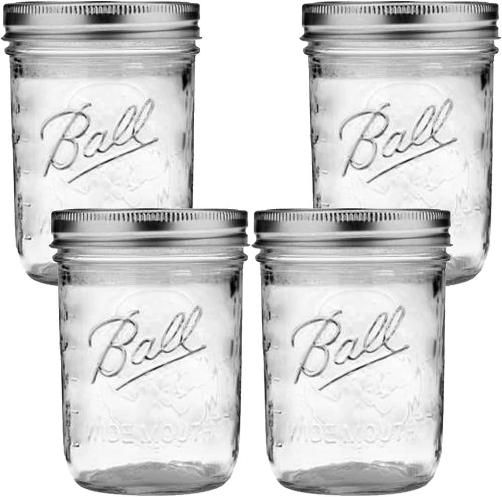 Wide Mouth Mason Jars 16 oz - (4 Pack) - Ball Wide Mouth Pint 16-Ounces Mason Jars With Airtight ... | Amazon (US)