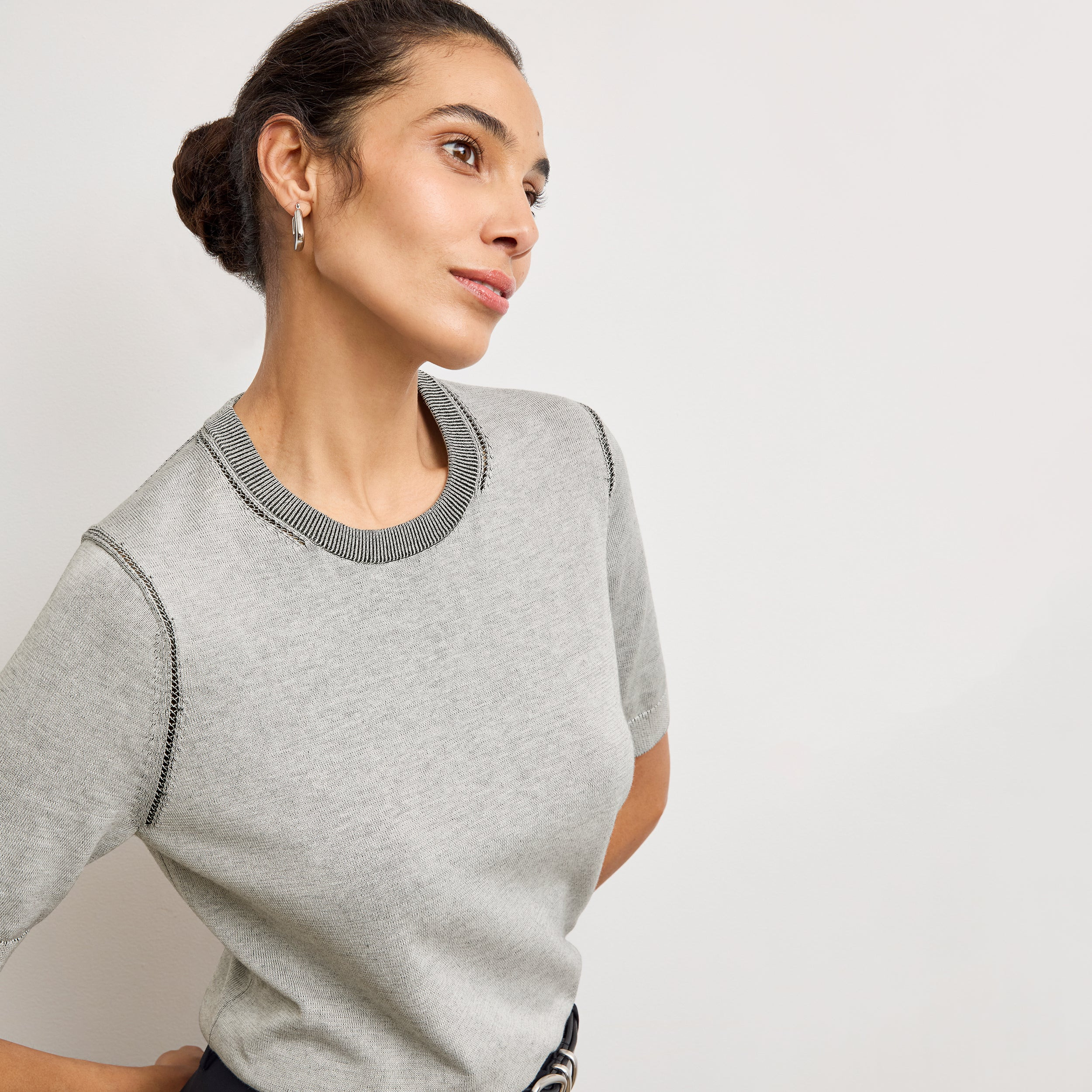 Becca Pointelle Tee - Cotton Silk Knit :: Light Gray/Black | MM LaFleur