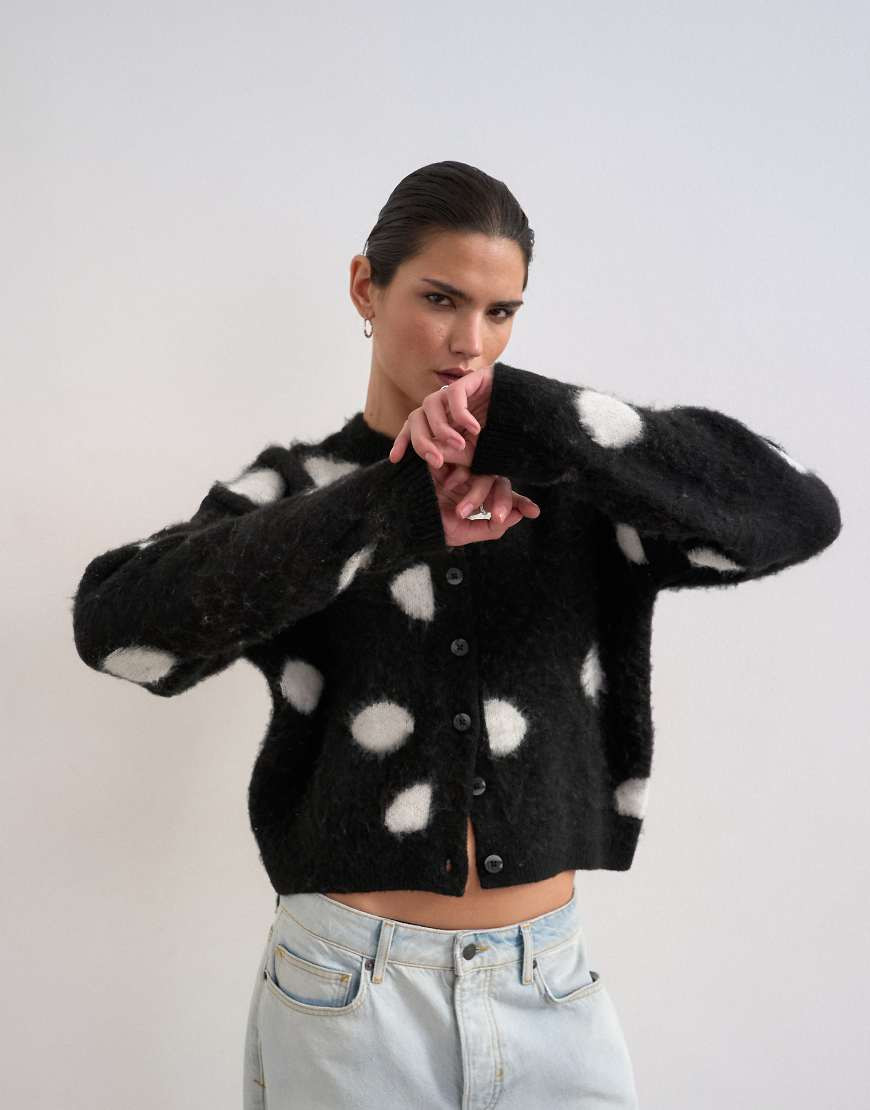 Topshop knitted brushed spot cardigan in mono-Black | ASOS (Global)