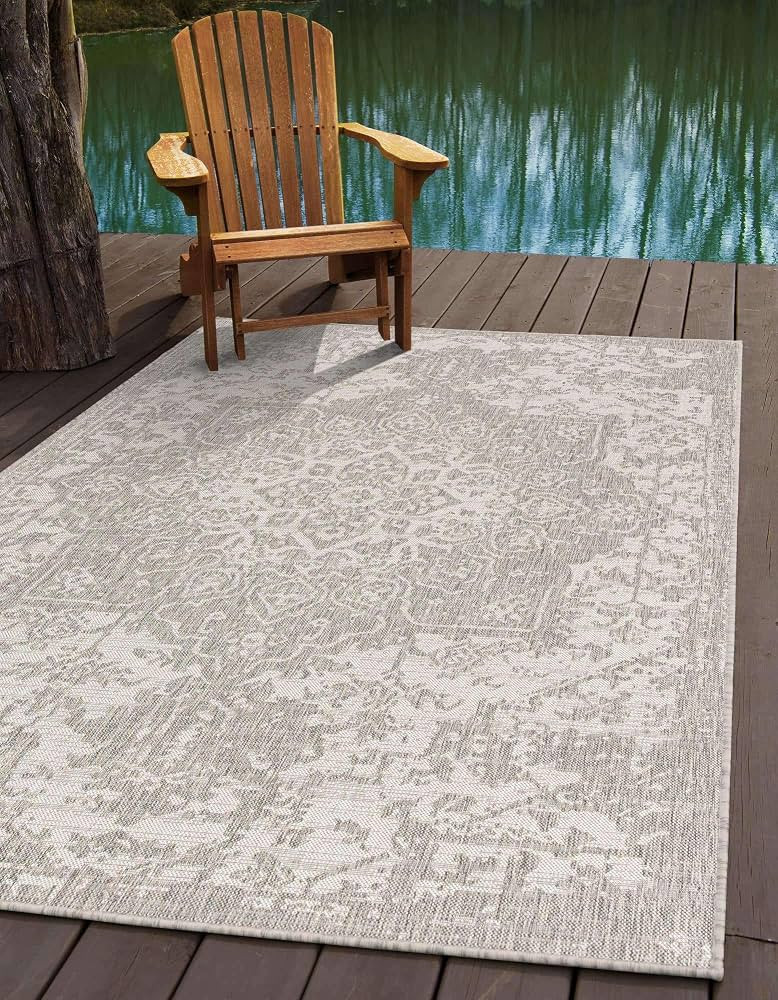 Unique Loom Outdoor Collection Area Rug - Dubai (4' 1' x 6' 1' Rectangle, Gray/ Ivory) | Amazon (US)