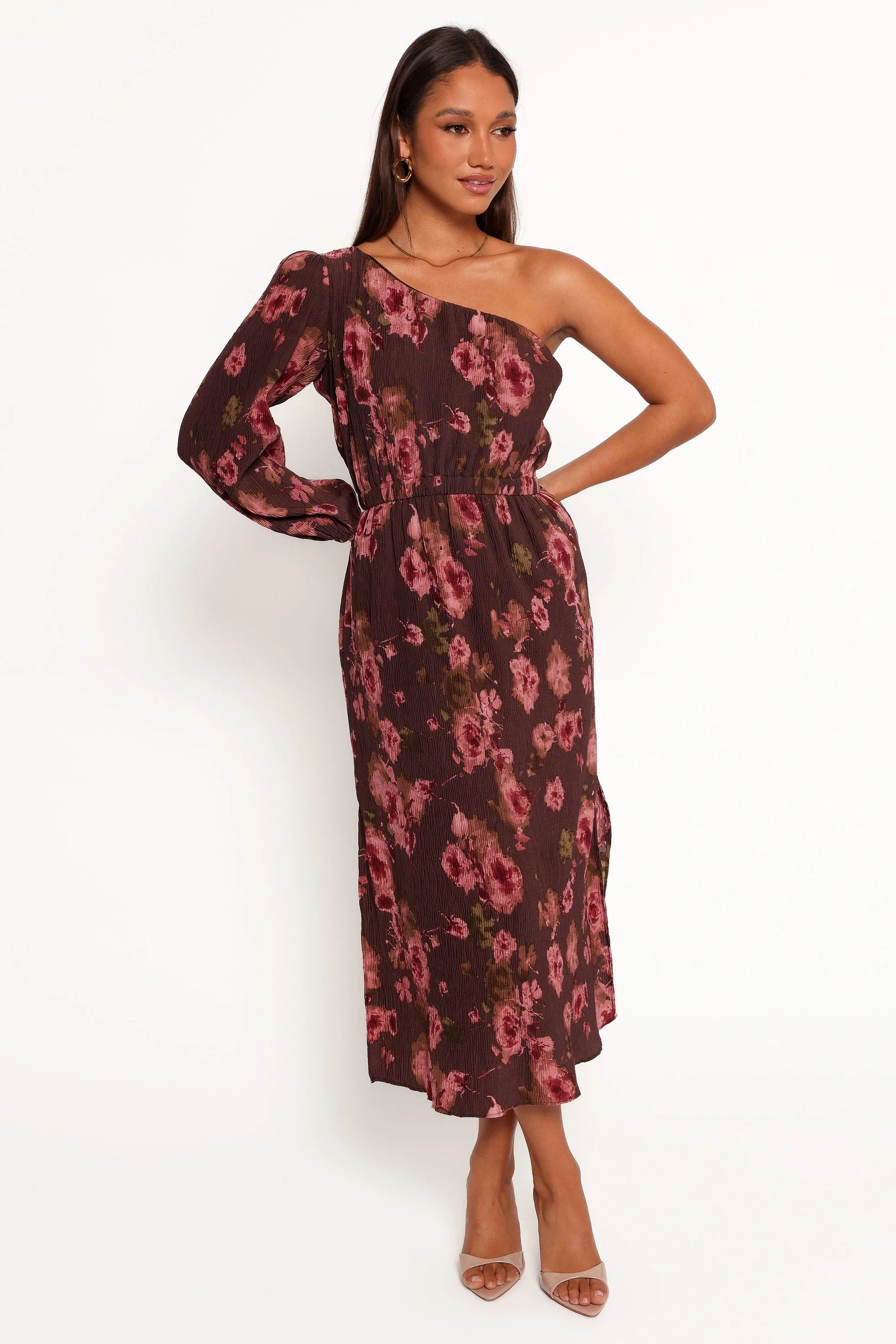 Pontee One Shoulder Pleated Midi Dress - Chocolate Brown | Petal & Pup (US)