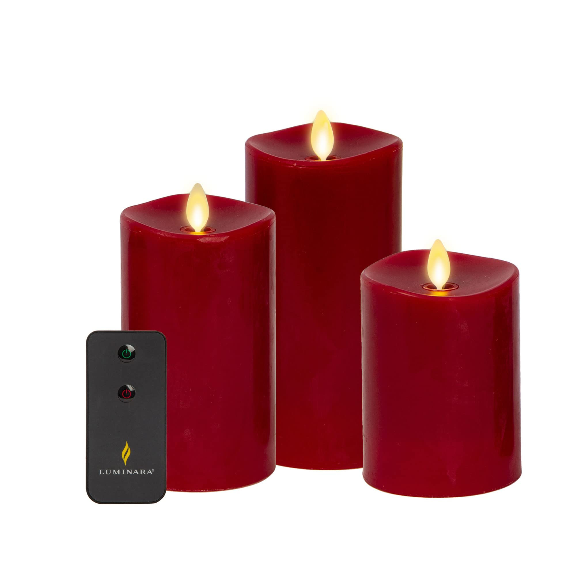 Luminara Flameless Flickering Melted Edge Set of 3 Candles, Battery Operated & Timer Function, Remote Included, Unscented Paraffin Burgundy Wax LED Light Pillar, Christmas Holiday Décor | Amazon (US)