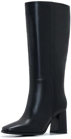Knee-High Boots for Women - Wide Calf Boots with Zipper, Square Toe Tall Leather Boots, Chunky He... | Amazon (US)