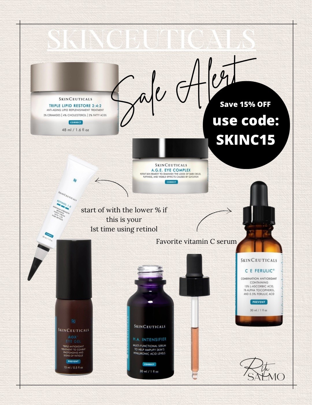 See 15% off on SkinCeuticals: SKINC15

Skincare | skin goals | Rita salmo 

#LTKOver40 #LTKSaleAlert #LTKBeauty