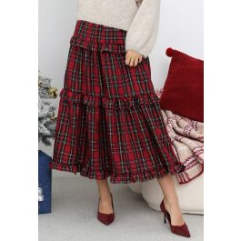 Festive Plaid Ruffle Edge Maxi Skirt in Red | Chicwish