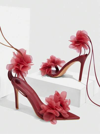 CUCCOO SZL Women's Red Lace Floral Strap Pointed Toe High Heel Sandals, Elegant For Commute, Date... | SHEIN