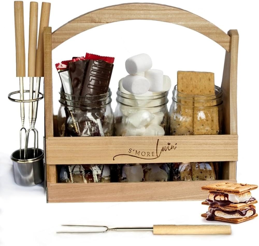 Smores Caddy - Wooden Display And Organizer For Your Smores Kit For Fire Pit w/ 4 Smore Sticks Fo... | Amazon (US)