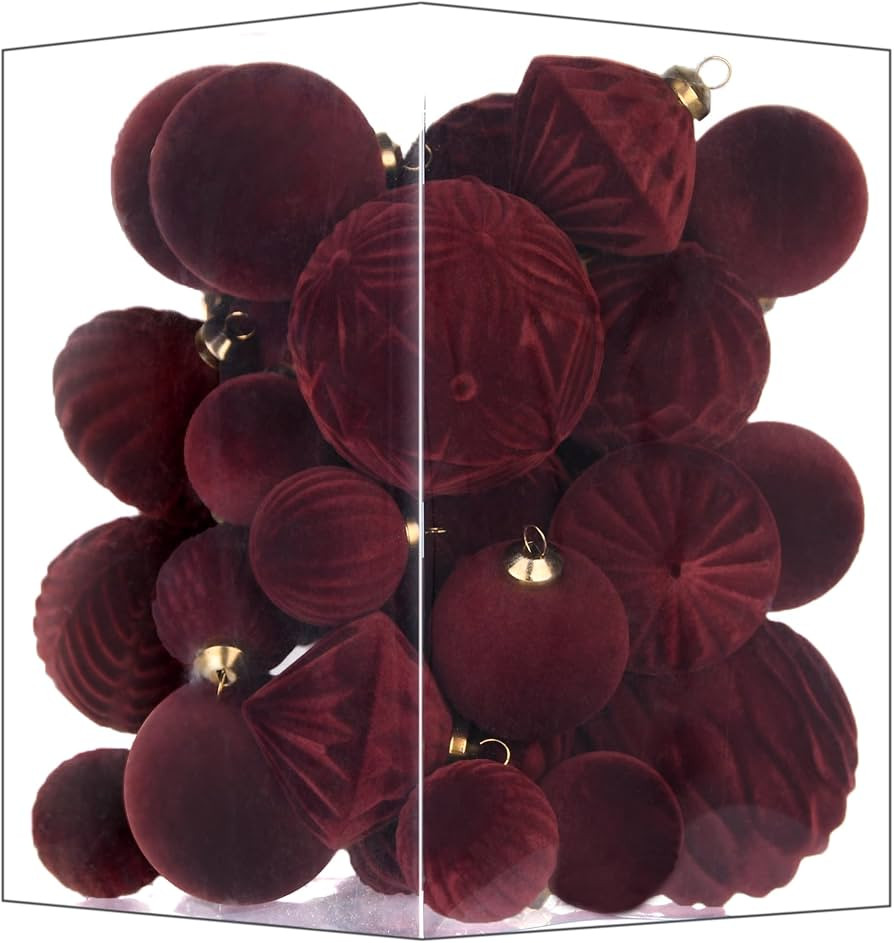 Flocked Ornaments for Christmas Tree Decorations - 35pcs Deep Brown Velvet Ball Ornament for Wint... | Amazon (US)