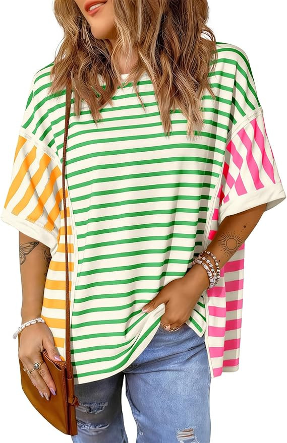 Tankaneo Womens Oversized Striped T-Shirts Color Block Short Sleeve Tee Tops Summer Casual High L... | Amazon (US)