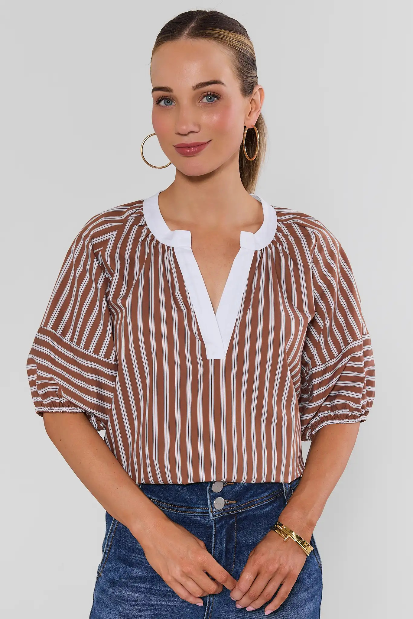 Brown Striped Contrast Trim Top | Avara
