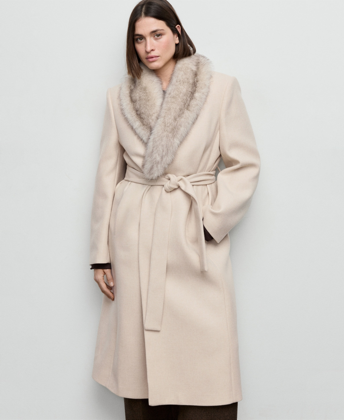 Mango Women's Fur Collar Manteco Wool Coat - Light, Pastel Gray | Macy's