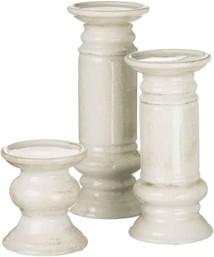Set of 3 Cream Ceramic Candle Holders in a Crackle Glaze Finish 5, 9.5 and 11 Inches High | Amazon (US)