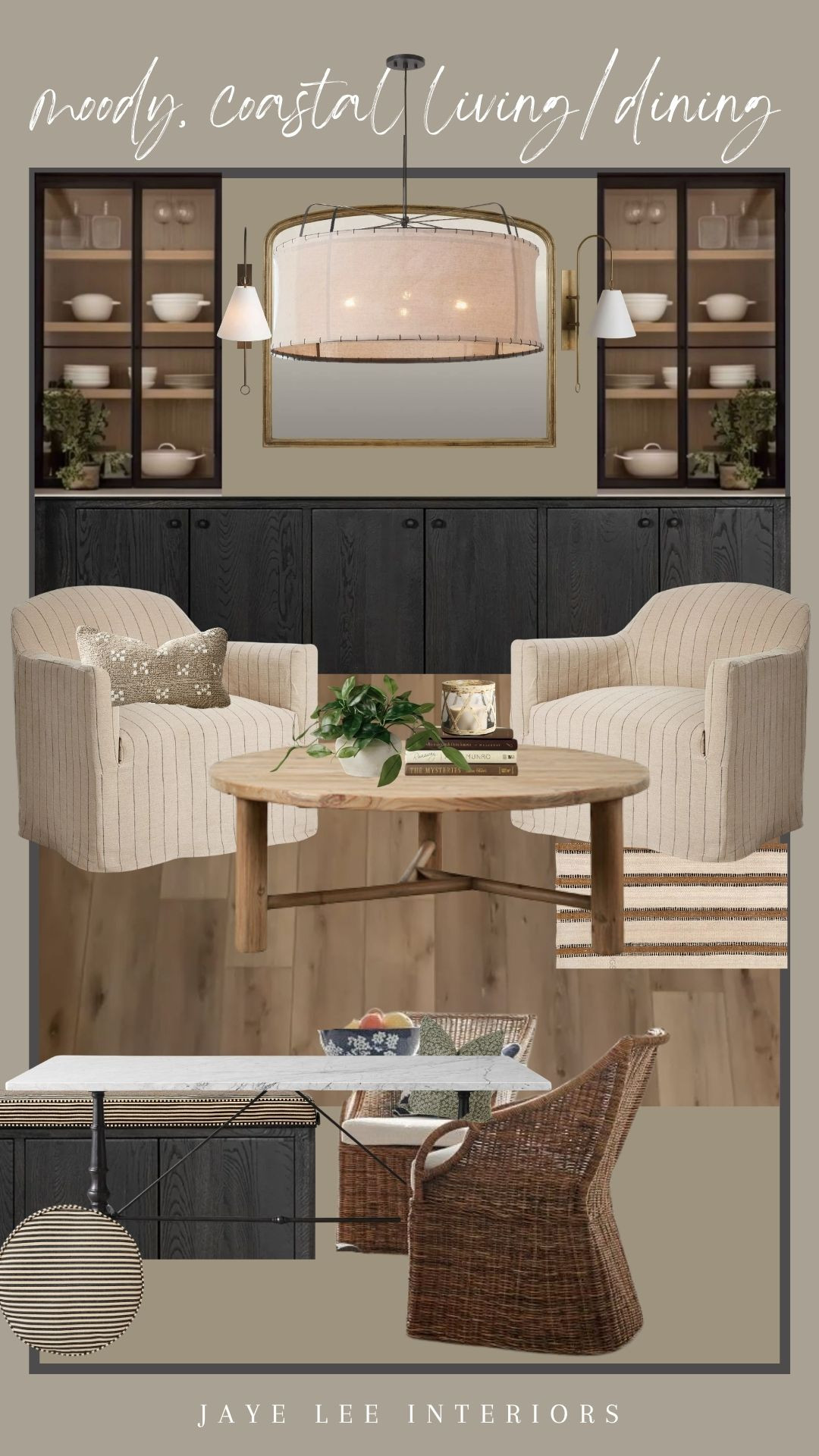 Currently working on a few mood boards for a design project in the PNW. It's a waterfront property that needs to feel warm, cozy and calming with a not-so-cliche natural, coastal vibe. We'll achieve this with chairs grouped for conversation, inviting banquette seating in the dining room, natural, woven materials and textures, and lighting that creates a softer mood. 
#livingroomdesign #diningroom #williamssonoma #dindingchairs #blacksideboard #blackbuffet #marblediningtable #bistrotable #roundcoffeetable #wayfair #drumchandelier #wallsconce #jleeinteriors 

 #LTKdayinmylife #LTKHome #LTKSaleAlert