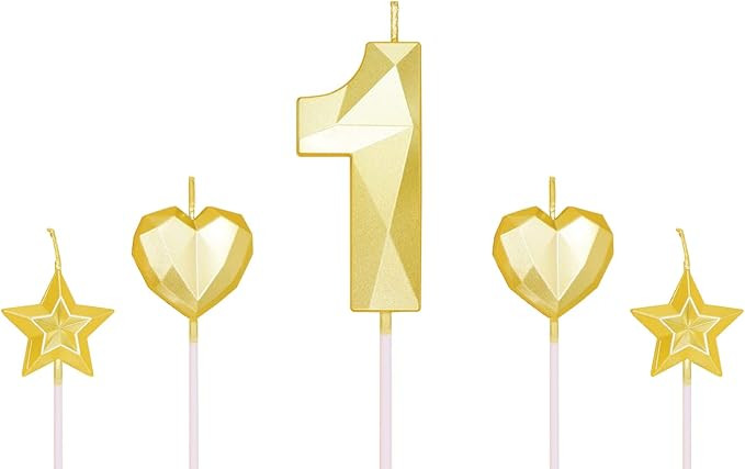 Gold Number 1 Candles and Star Heart Candles 2.76 inch Number Candles for Birthday Cakes 3D Diamo... | Amazon (US)
