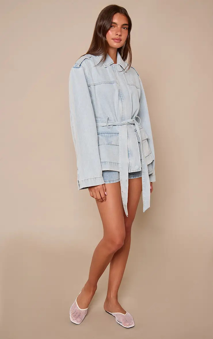 Light Blue Belted Waist Denim Shacket | PrettyLittleThing | PrettyLittleThing UK