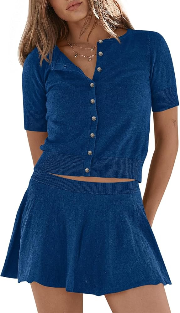 Wenrine Womens 2 Piece Skirt Sets 2026 Summer Knit Short Sleeve Button Cardigan and Mini Skirt Va... | Amazon (US)