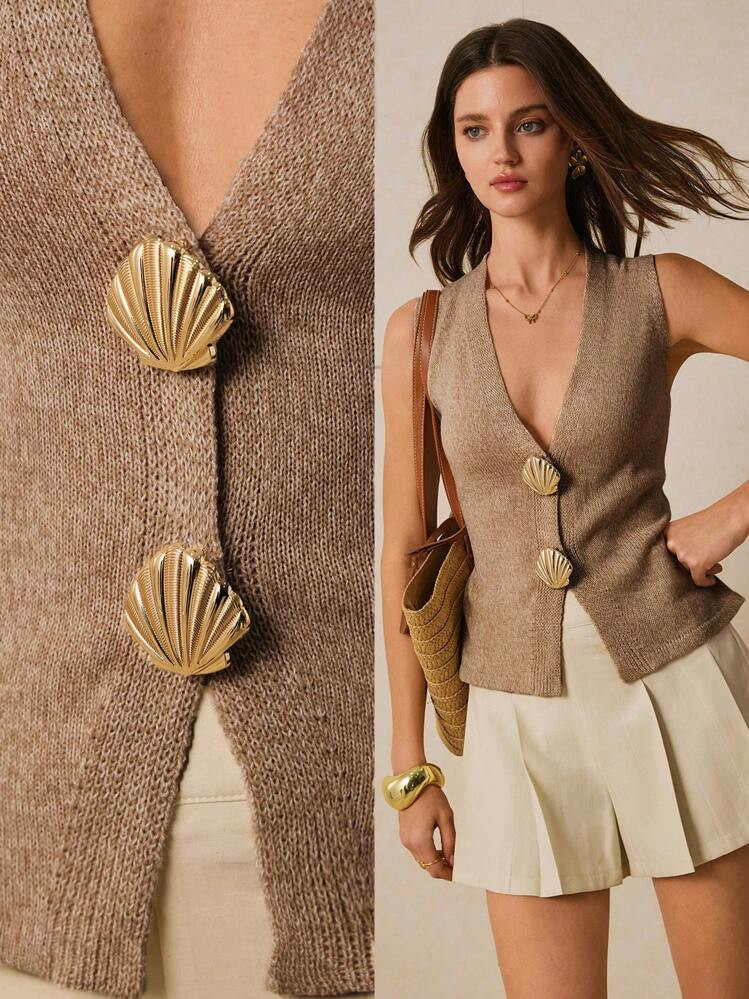 Shell Button Knitted Vest  | SHEIN