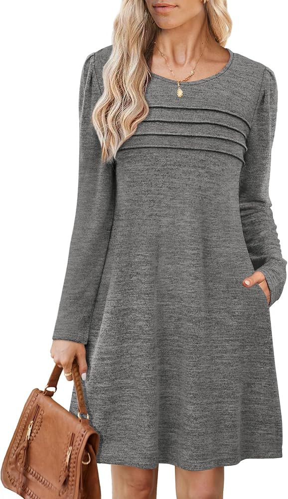 OFEEFAN Womens Long Sleeve Tunic Dress Fall Fashion Sweater Dress with Pockets Pleated Front Casu... | Amazon (US)