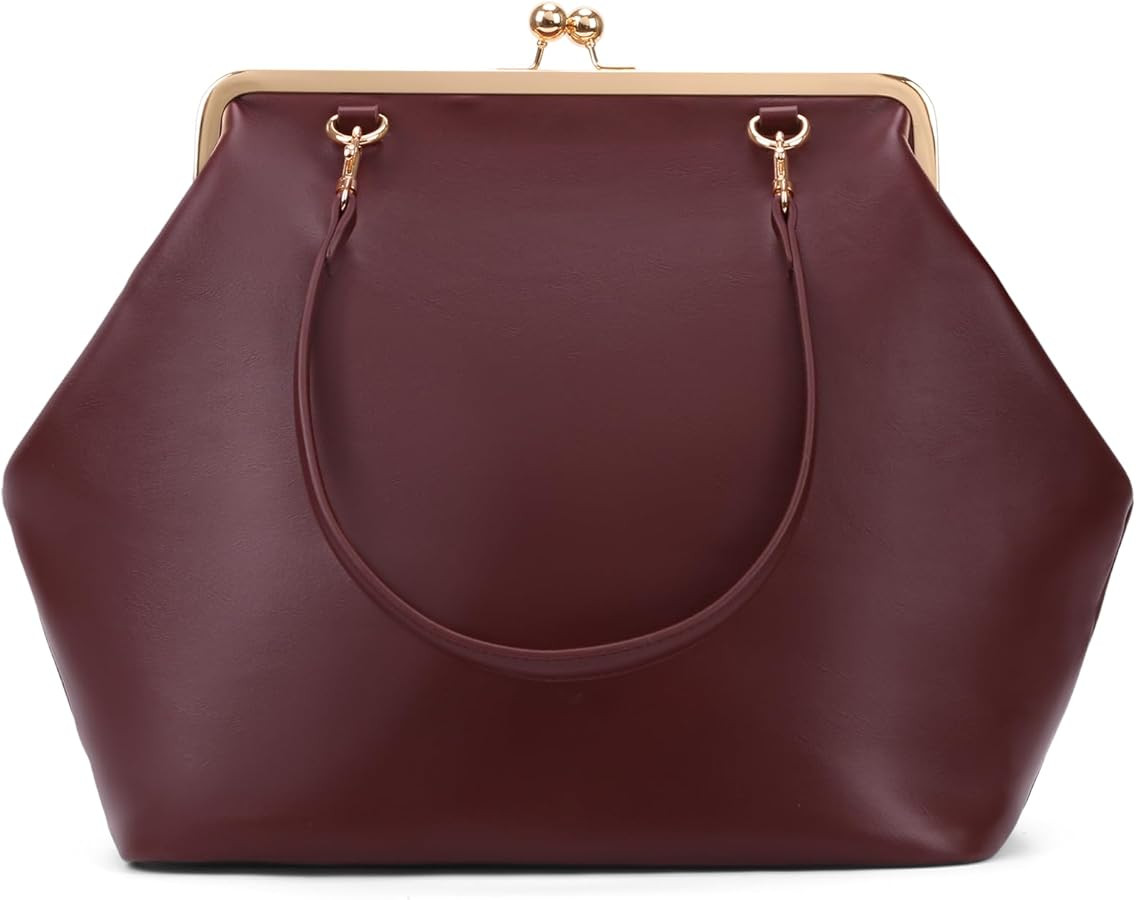 Large Women's Kiss Lock Bag PU Medium Top Handle Handbags Kiss Clasp Shoulder Bags Tote Purse Mes... | Amazon (US)