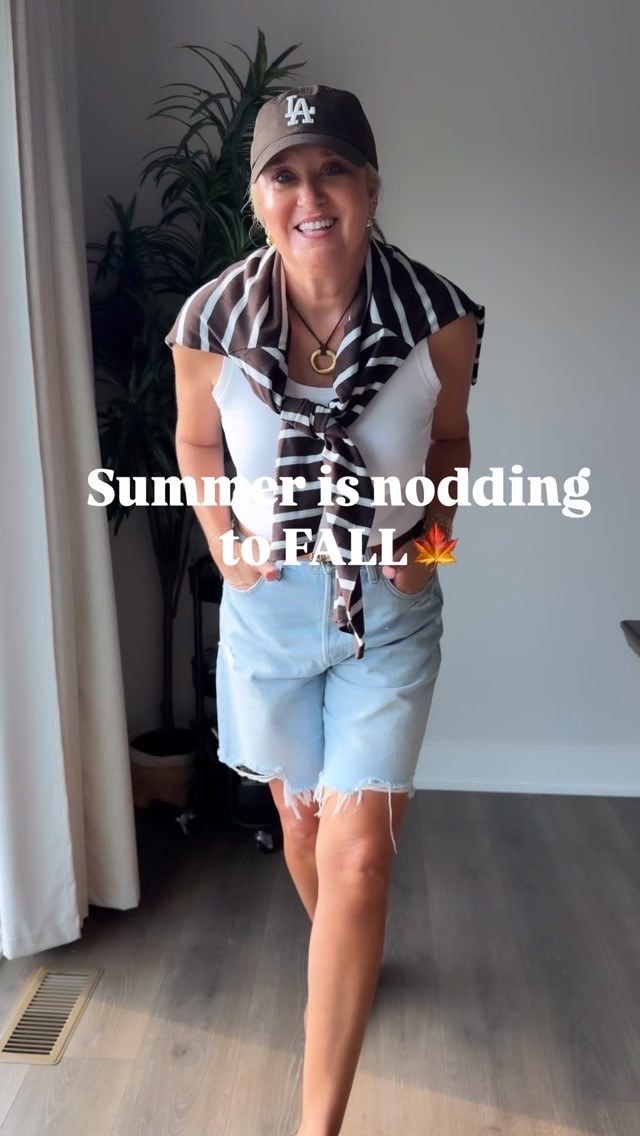 Summer is nodding to FALL🍁🤎 Comment SHOP for links! 

With temps cooling down at home in Seattle, being here in Michigan has me realizing how hot some of the country still is!  I love taking Fall inspired colors and working them in to my summer style🤎

#falltransition #over50 #summertofall #casualstyle