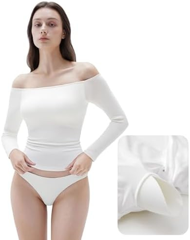 SUUKSESS Women Padded Off The Shoulder Tops Ribbed Long Sleeve Shirts Fall Basic | Amazon (US)