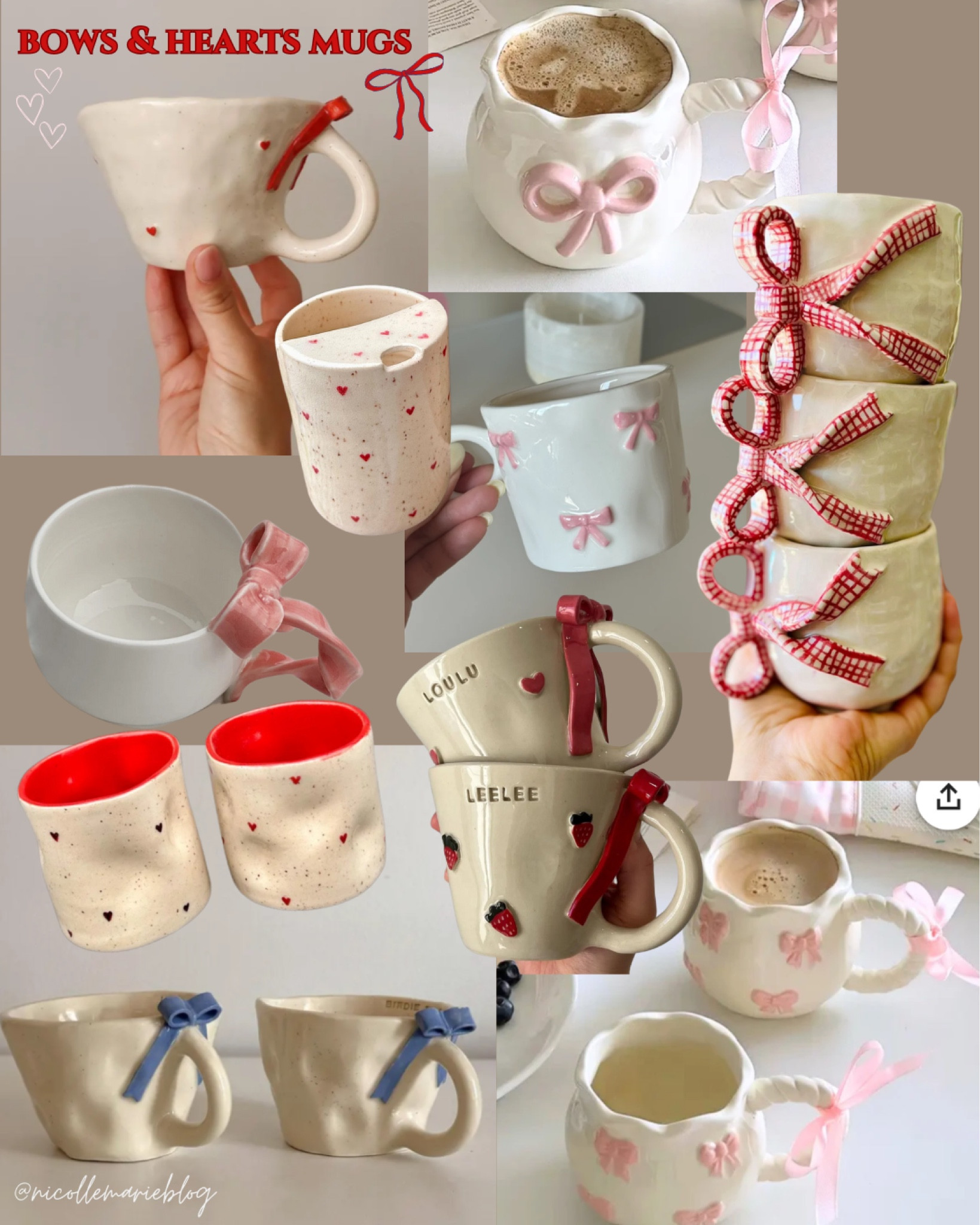 Bows and hearts mugs. Valentine’s Day gift, gifts for her, coffee lovers gift. Tea cup. Pink and red bows, hearts mug, handmade ceramic mug. Seasonal coffee bar essentials  

#LTKFindsUnder100 #LTKGiftGuide #LTKHome