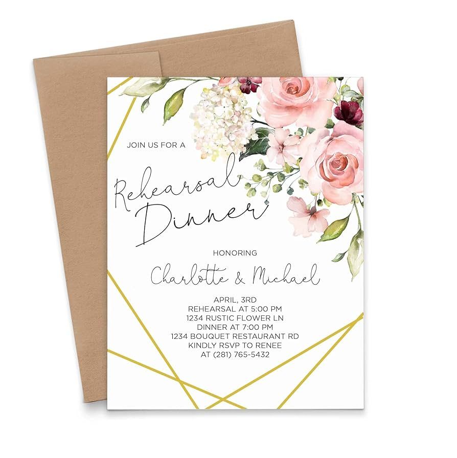 Modern Floral Rehearsal Dinner Invitation Personalized, Your choice of Quantity and Envelope Colo... | Amazon (US)