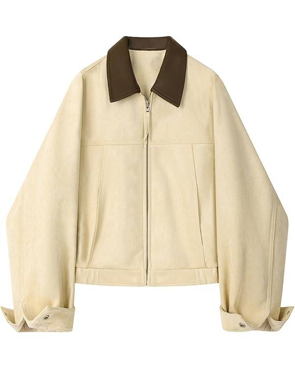 Women's Faux Suede Cropped Jacket Contrast Collar Zip Up Utility Barn Coat Trendy Fall Outwear | Amazon (US)