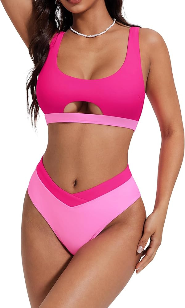 SUUKSESS Women Cutout Color Block Bikini Sets Sexy High Cut 2 Piece Bathing Suit | Amazon (US)