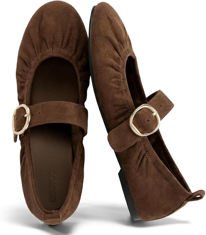 Coutgo Womens Ballet Flats Ruched Round Toe Mary Jane Flats Comfortable Slip On Dressy Shoes | Amazon (US)