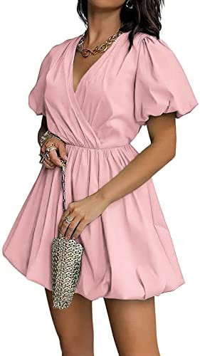 PRETTYGARDEN Women's Summer Puff Sleeve Short Mini Dress Flowy Ruffle V Neck A Line Wrap Dresses | Amazon (US)