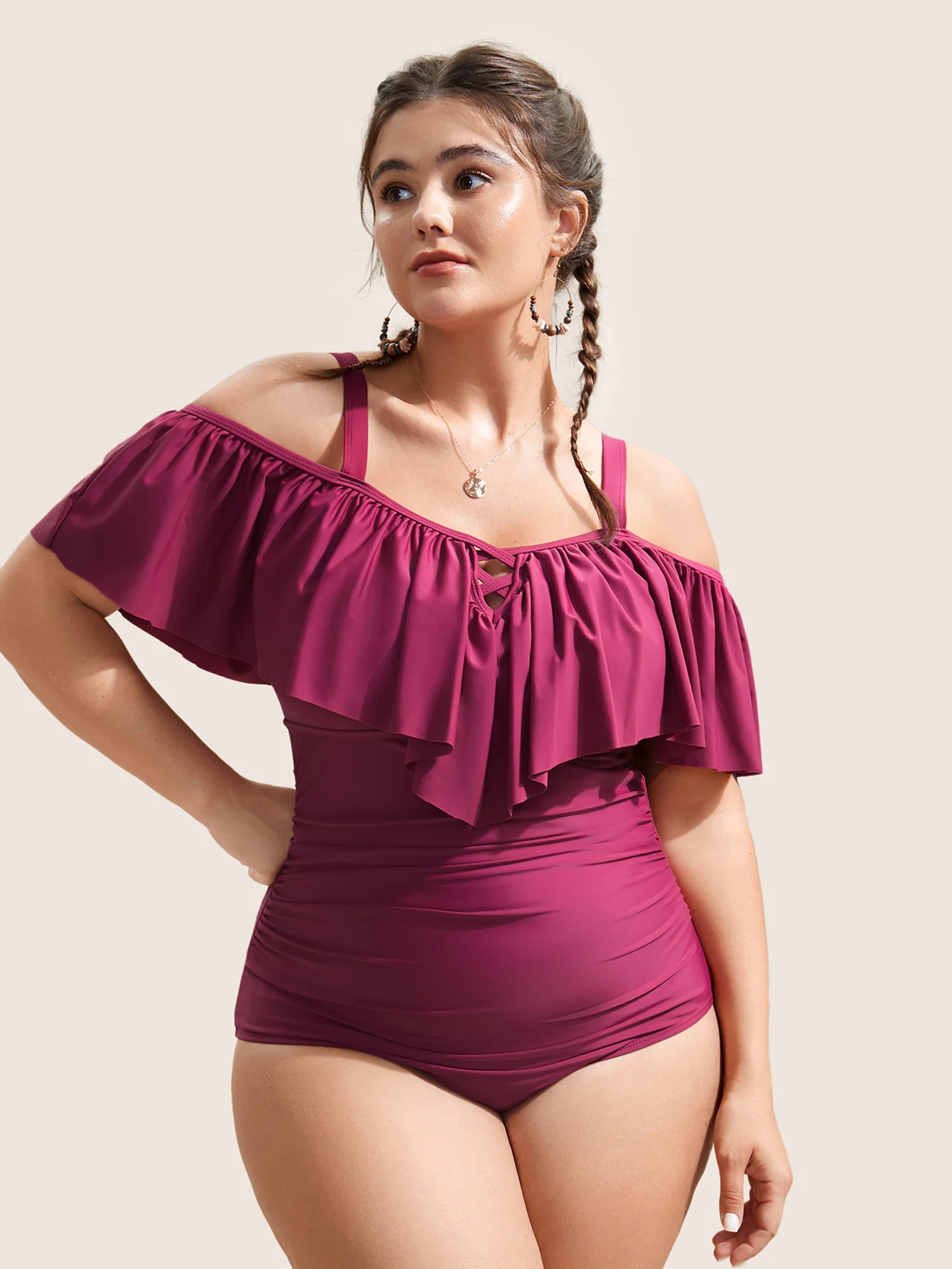 Plain Ruffle Crisscross Neck Tummy Control One Piece Swimsuit | Bloomchic