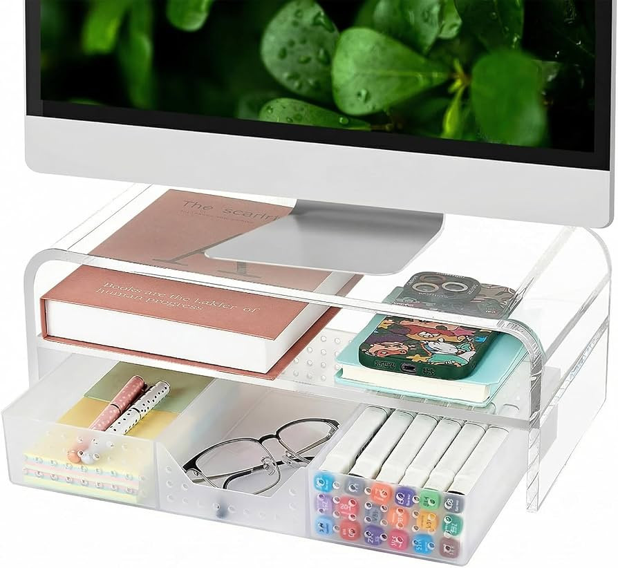OPNICE Acrylic Clear Desk Organizers and Accessories, 2-Tier Computer Monitor Stand Riser with Dr... | Amazon (US)