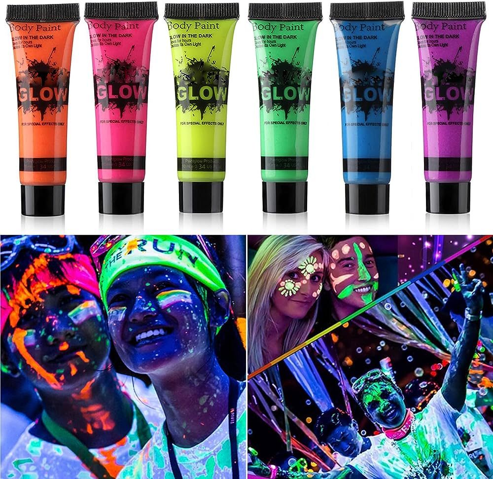 GARYOB Glow in Dark Face Body Paint UV Blacklight Neon Fluorescent 0.34oz Set of 6 Tubes | Amazon (US)