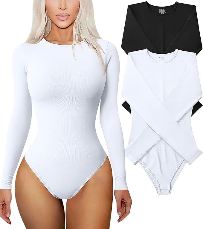 TOB Women's 2 Piece Bodysuits Sexy Ribbed One Piece Long Sleeve Round Neck Tops Bodysuits | Amazon (US)