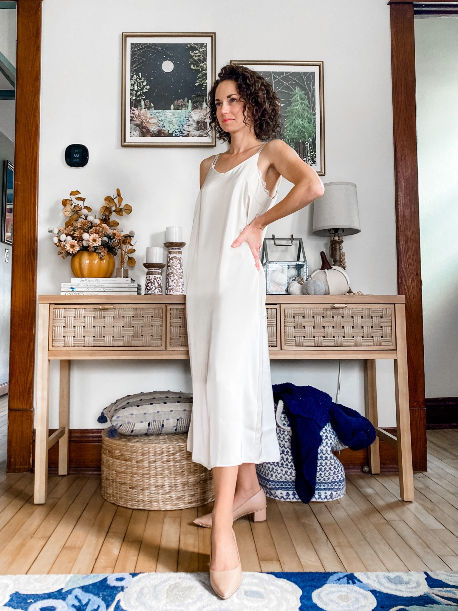 Thanksgiving dress!
Wearing size XS, adjustable straps, loose fit. 
Petite dress. Slip dress. Satin dress  

#LTKunder50 #LTKHoliday #LTKstyletip