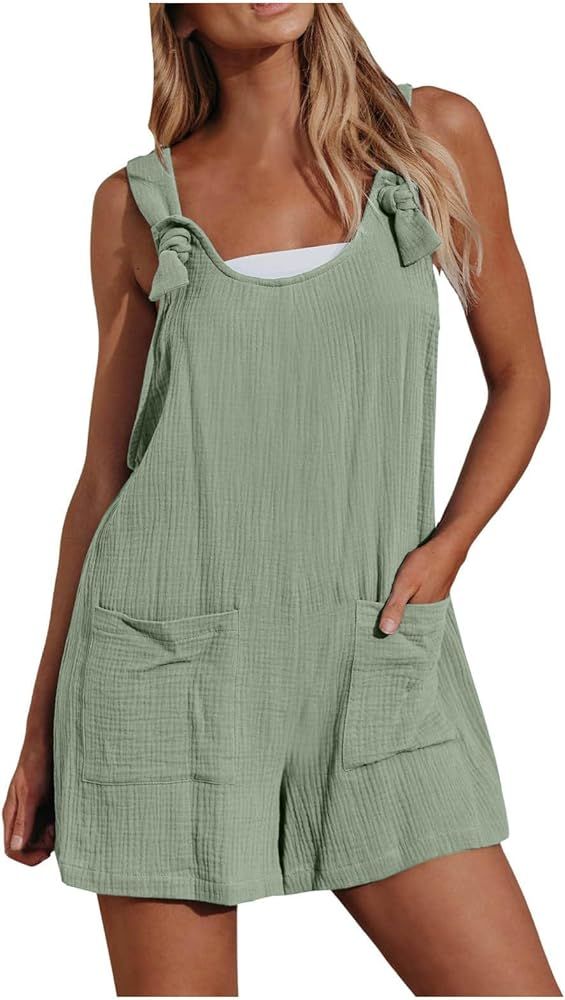 Women's Summer Casual Romper Scoop Neck Sleeveless Overall Straight Leg Outfit with Front Patch P... | Amazon (US)
