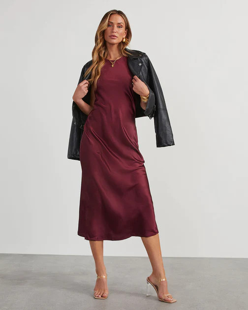 All The Allure Satin Slip Midi Dress - Wine | VICI