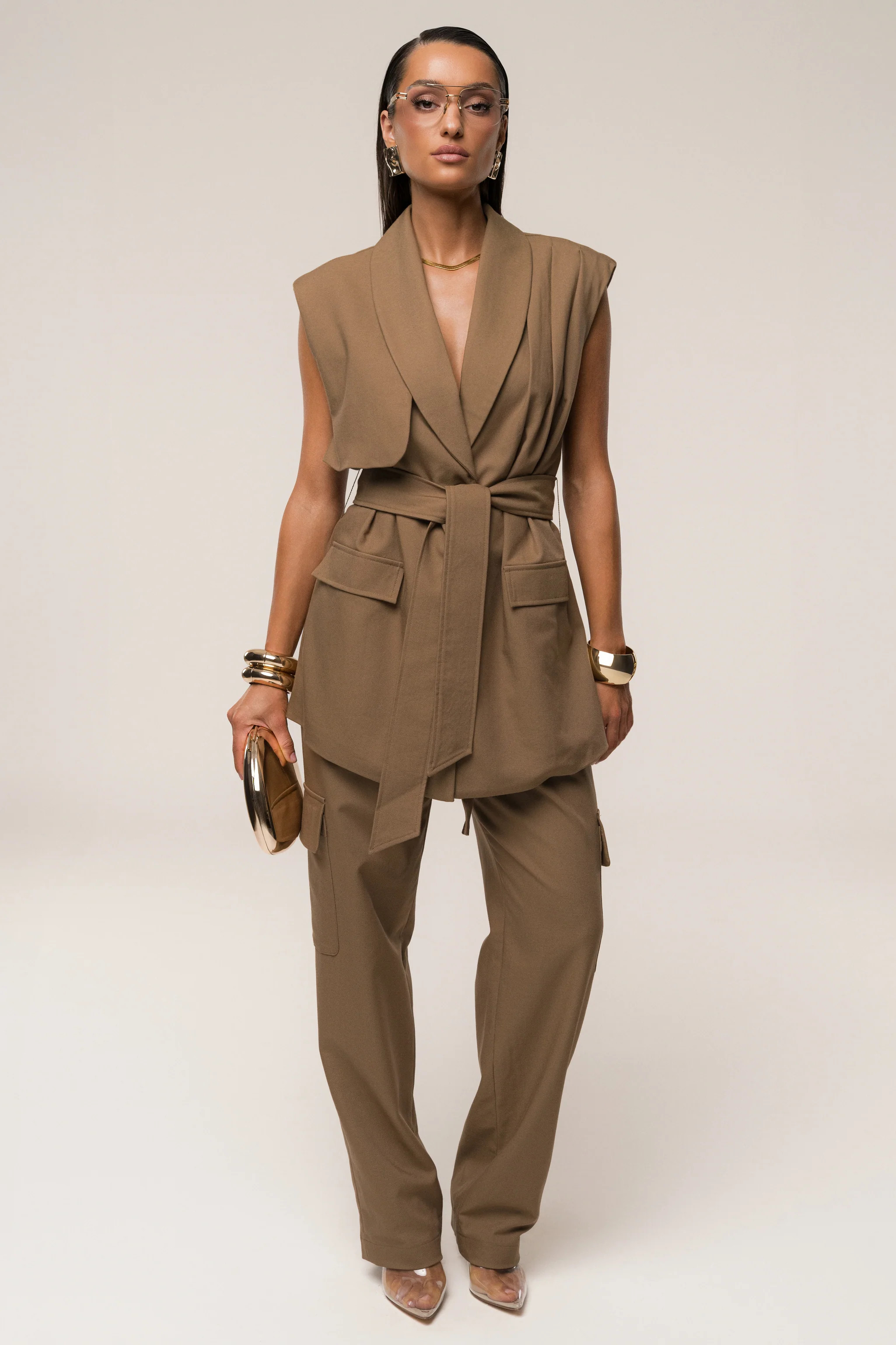 Tan Jeanie Belted Vest | JLUXLABEL