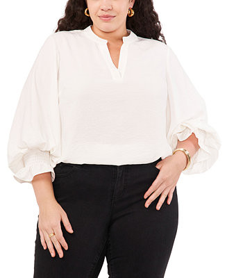 Vince Camuto Plus Size Smocked-Cuff Split-Neck Blouse - Macy's | Macy's
