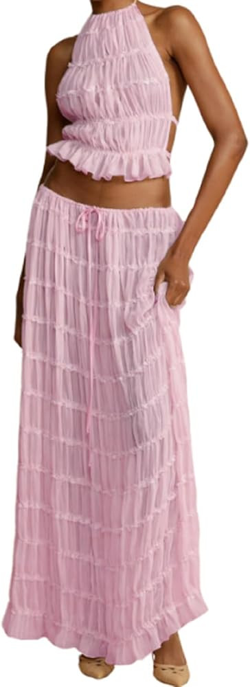 2 Piece Maxi Skirt Set for Women 2024 Sleeveless Ruched Lace Up Halter Tops Flowy Long Skirt Summ... | Amazon (US)