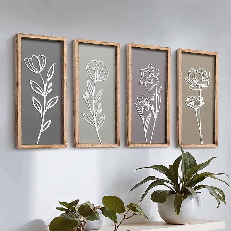 3D Wooden Floral Bathroom Wall Decor (Set of 4) Lightweight, Ready-to-Hang Framed Wall Art For Li... | Amazon (US)