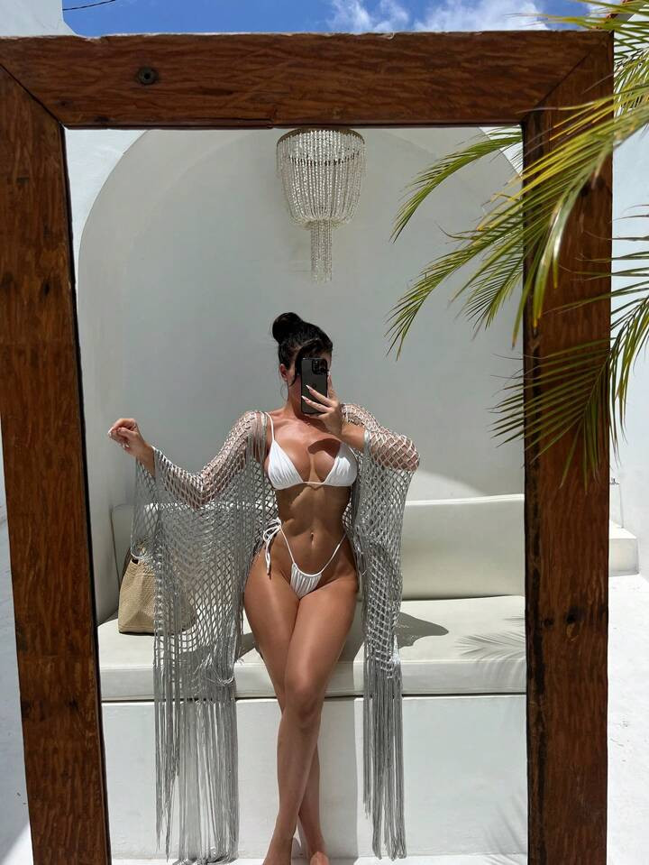 SHEIN Swim Summer Beach Hollow Out Fringe Hem Kimono Cardigan | SHEIN