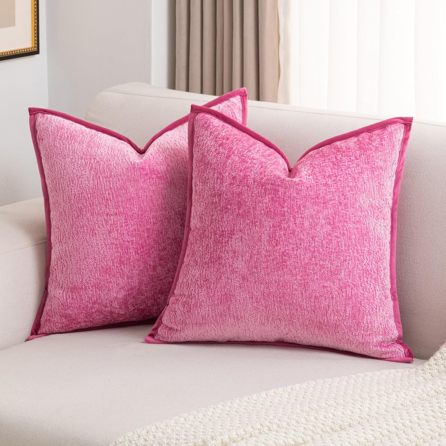 Hot Pink Chenille Throw Pillow Covers 18x18 Inch Set of 2,Soft Cozy Bound Edge Design Cushion Cas... | Amazon (US)