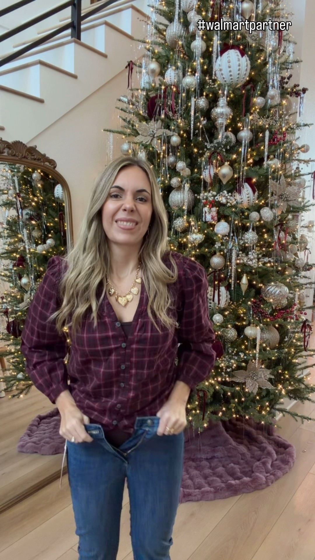 Size down in these Walmart jeans! #walmartpartner Loved the rhinestones for the holidays. @sofiavergara jeans are so good and have been my favorite at Walmart for years. The sweater is tts and so is the jacket and shoes. I do recommend sizing up jn the Christmas tees. #walmartstyle @walmartstyle 

#LTKootd #LTKgrwm #LTKmomlife