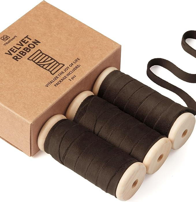 Vitalizart Brown Velvet Ribbon Set 3/8" x 15 Yd Wooden Spool Fabric Trim 3 Rolls * 5 Yd for Chris... | Amazon (US)